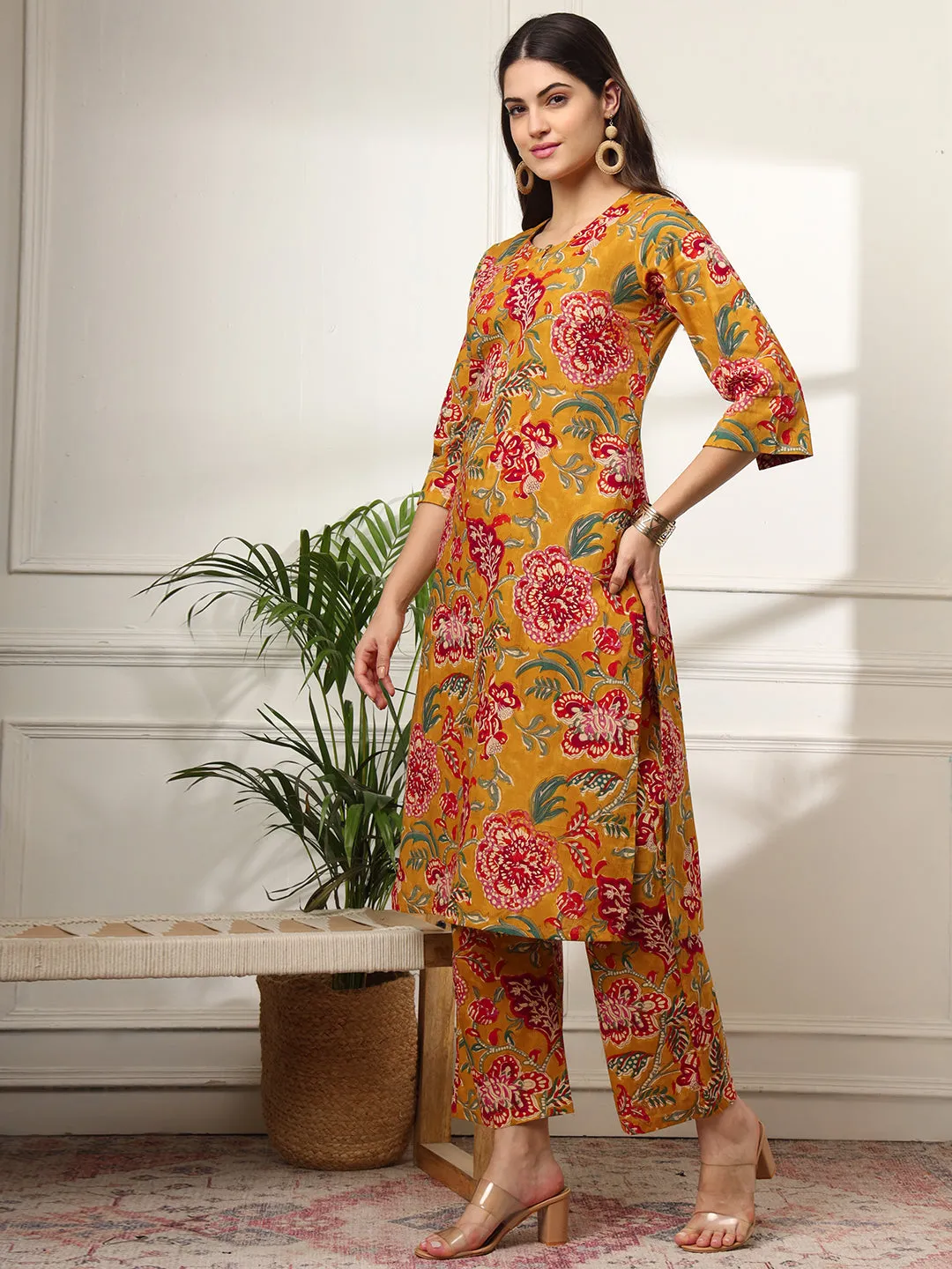 Ekisha's women mustard floral printed cotton co-ord set kurta set