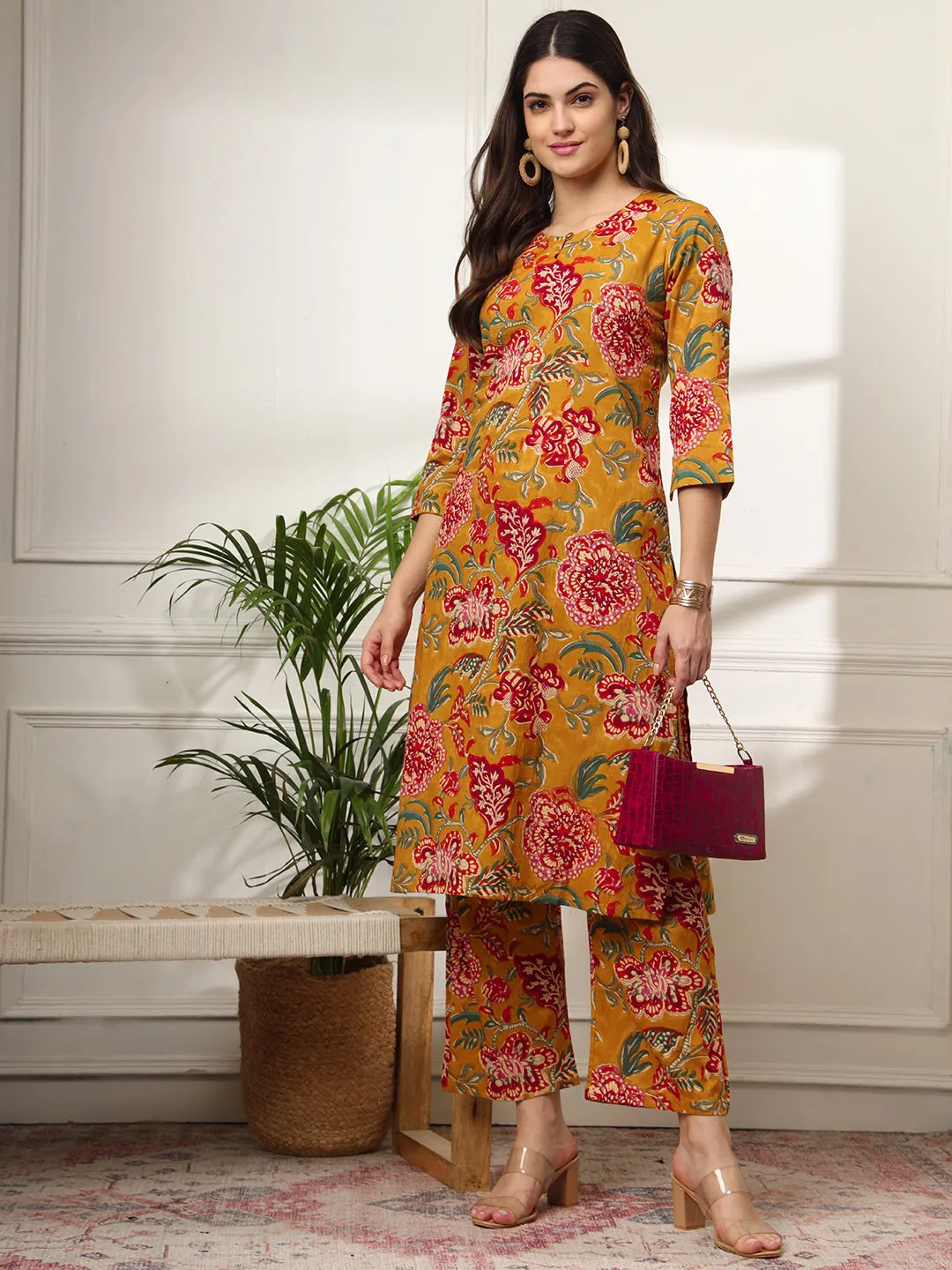 Ekisha's women mustard floral printed cotton co-ord set kurta set