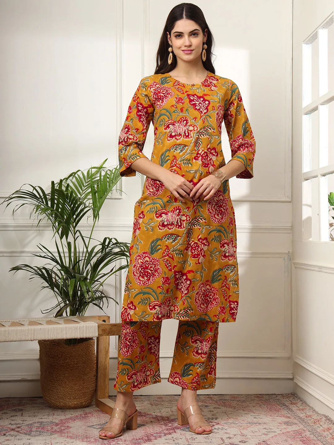 Ekisha's women mustard floral printed cotton co-ord set kurta set