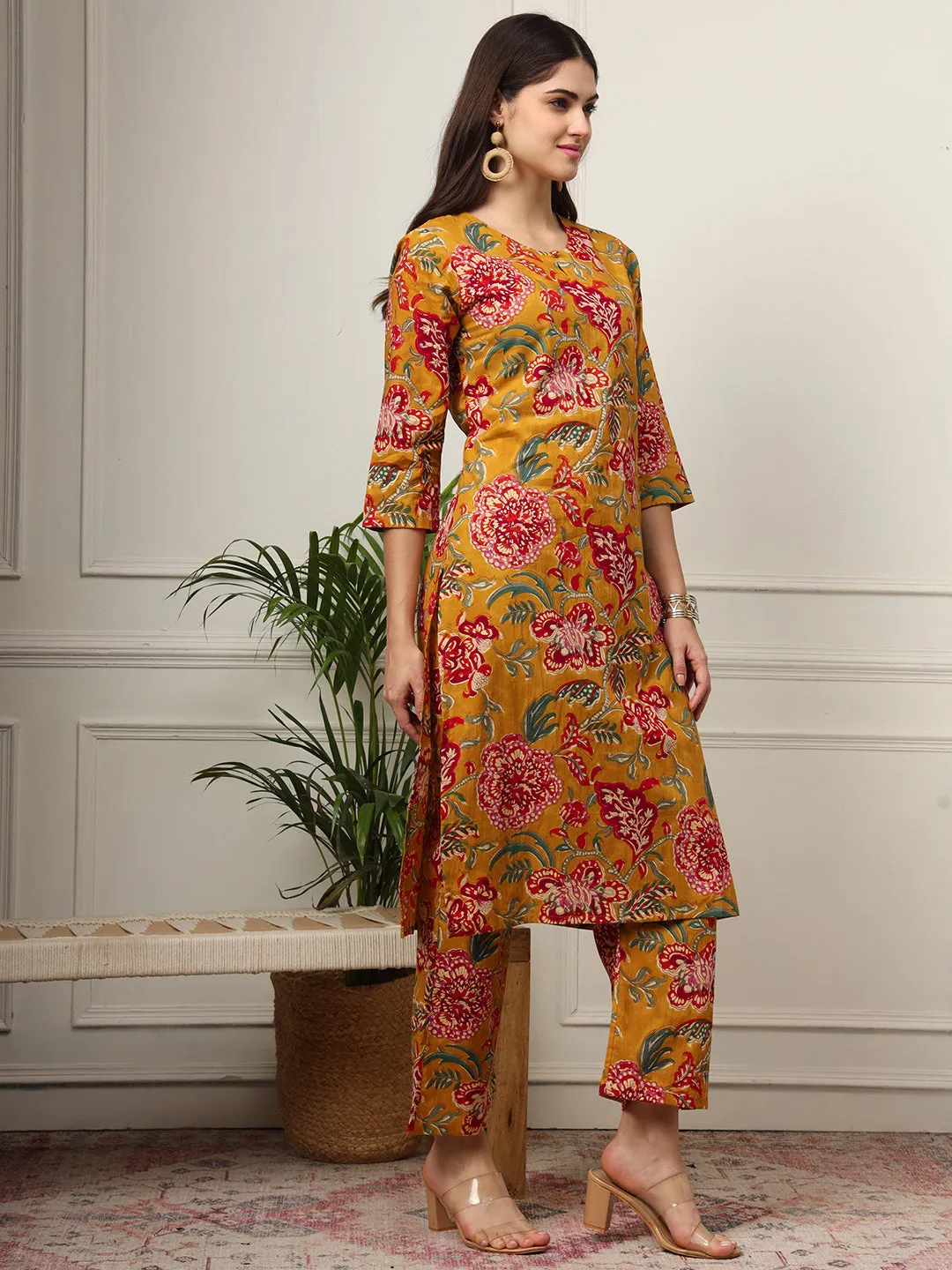 Ekisha's women mustard floral printed cotton co-ord set kurta set