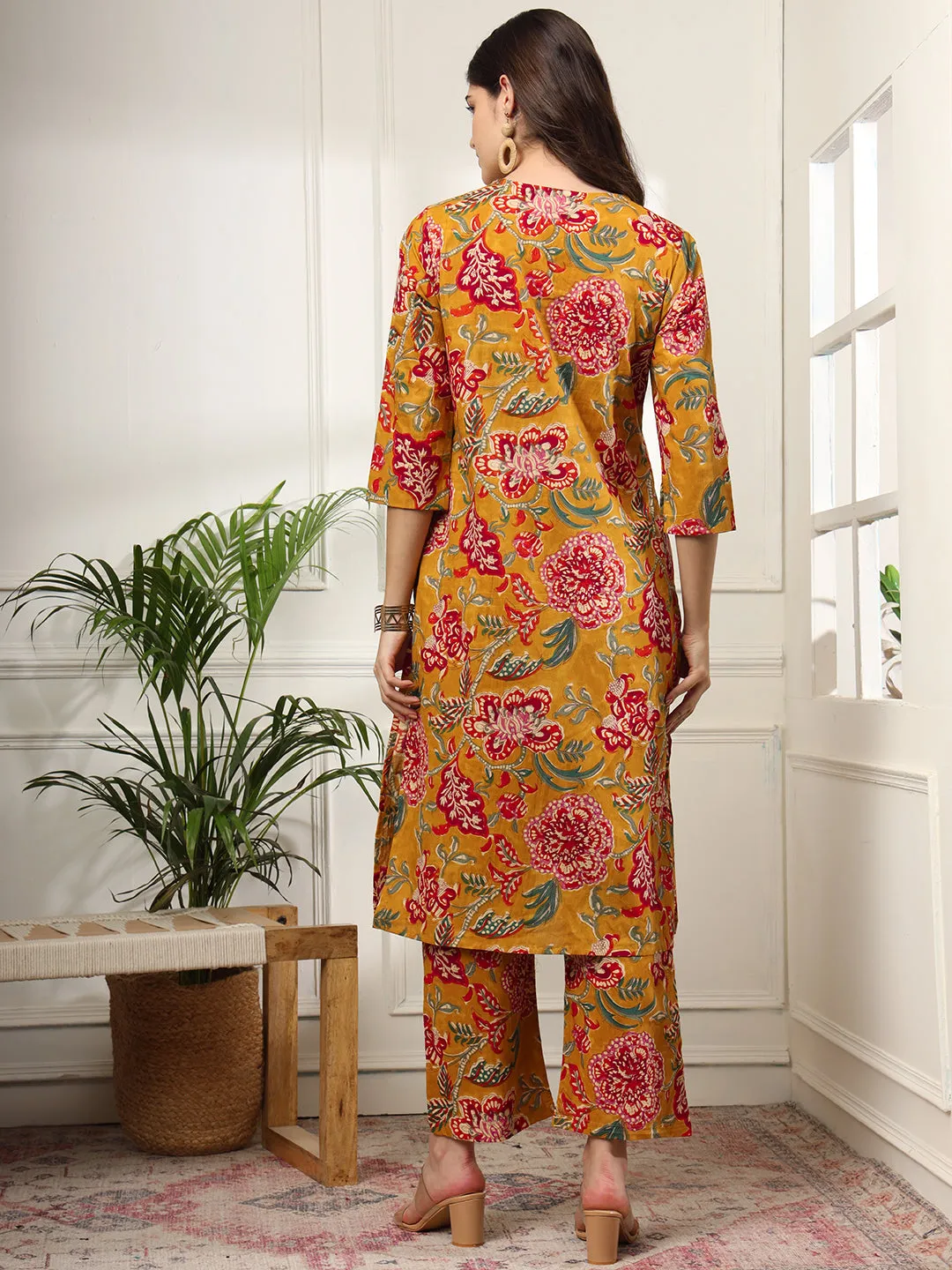 Ekisha's women mustard floral printed cotton co-ord set kurta set