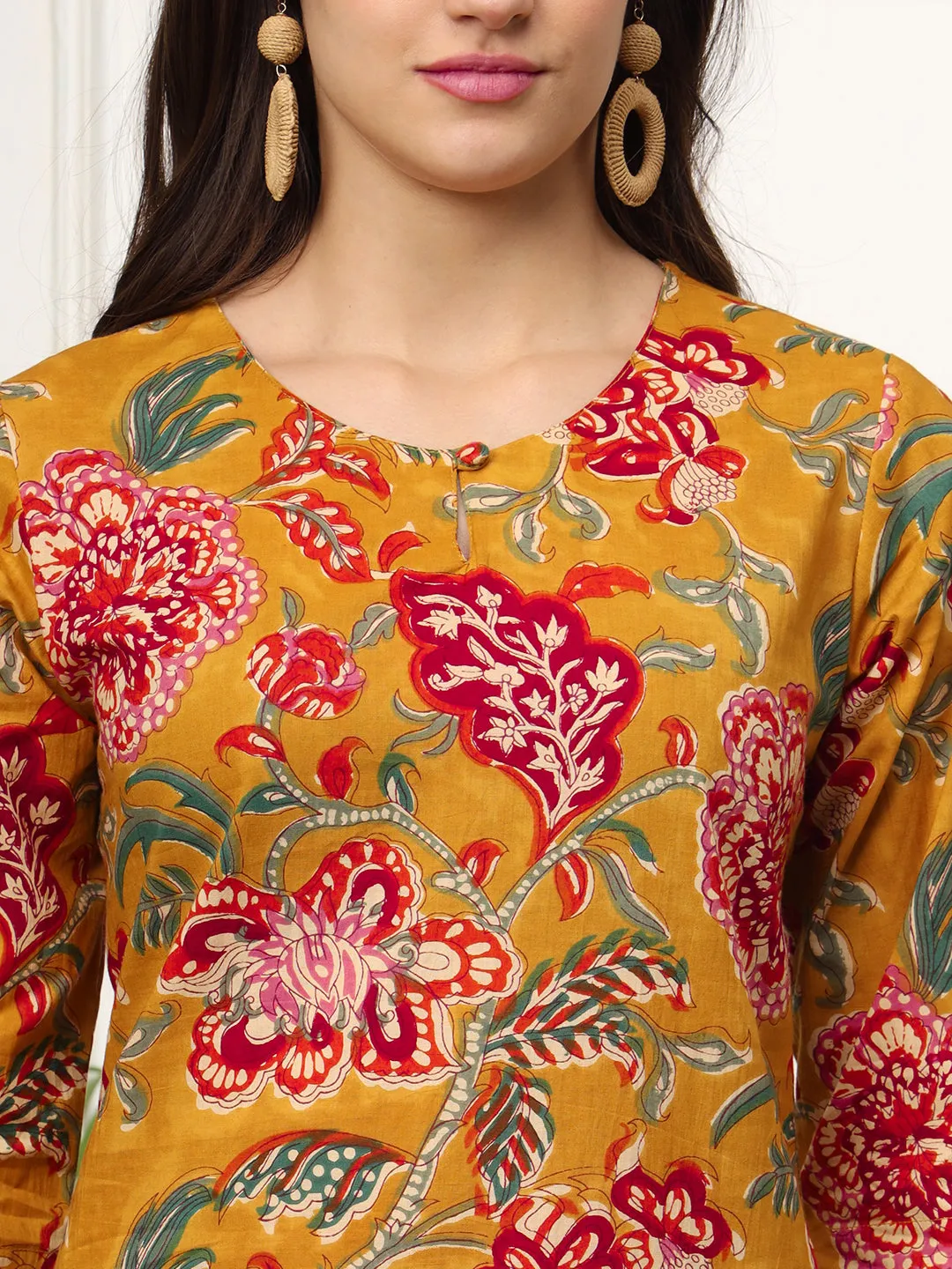 Ekisha's women mustard floral printed cotton co-ord set kurta set