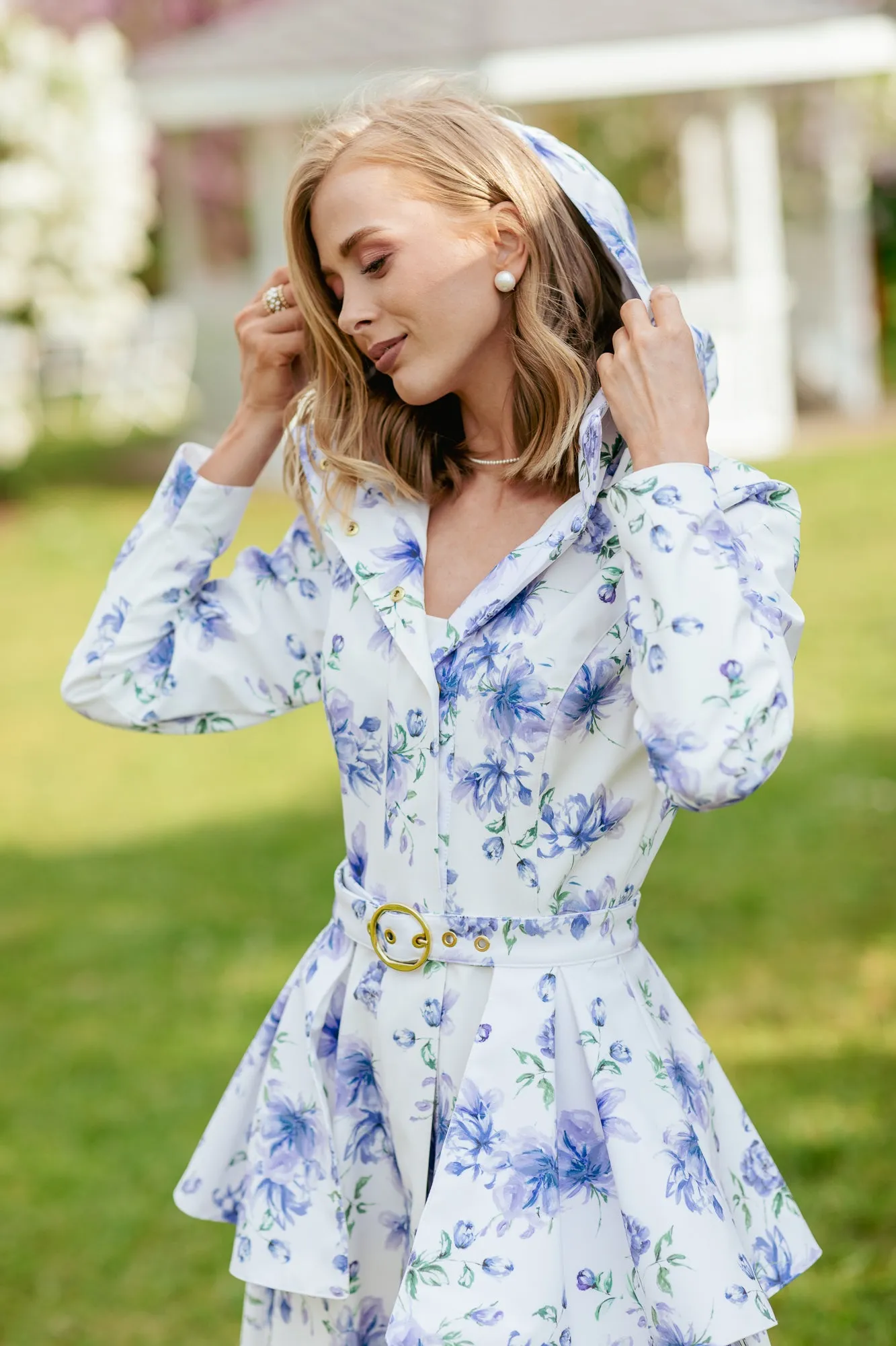 Fit and Flare Coat with A-Line Skirt in White with Blue Flower Print | 'Floral White'