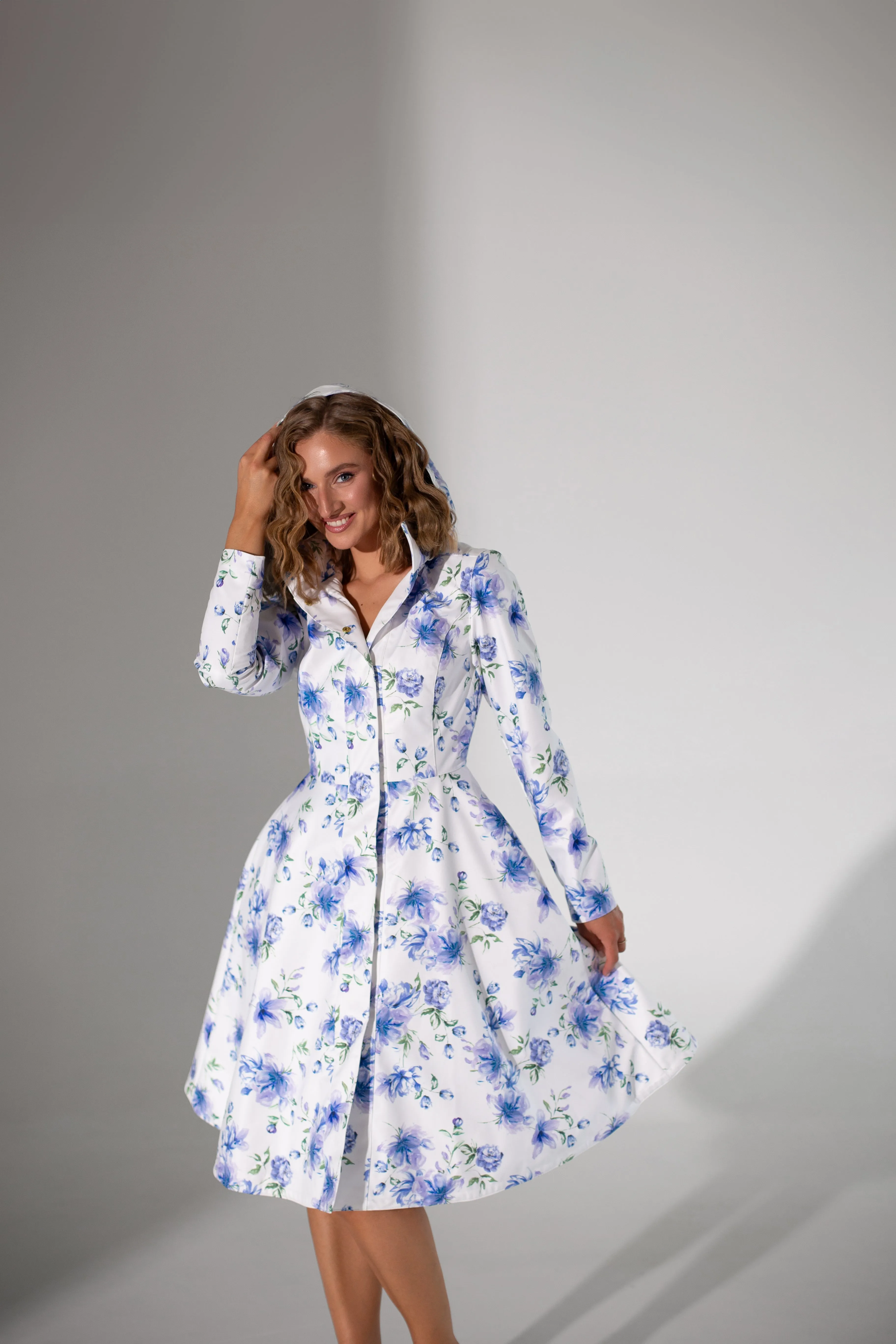 Fit and Flare Coat with A-Line Skirt in White with Blue Flower Print | 'Floral White'