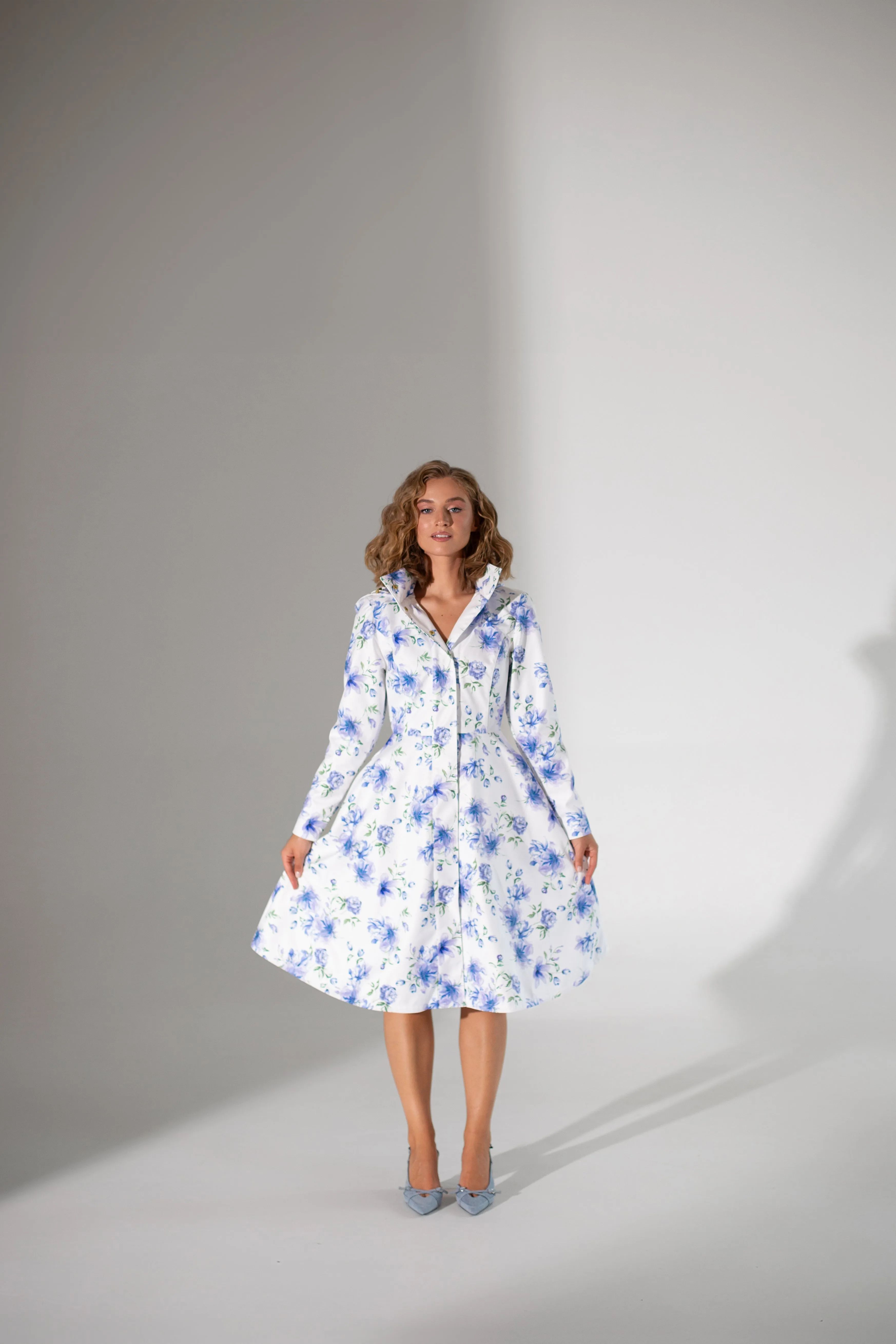 Fit and Flare Coat with A-Line Skirt in White with Blue Flower Print | 'Floral White'