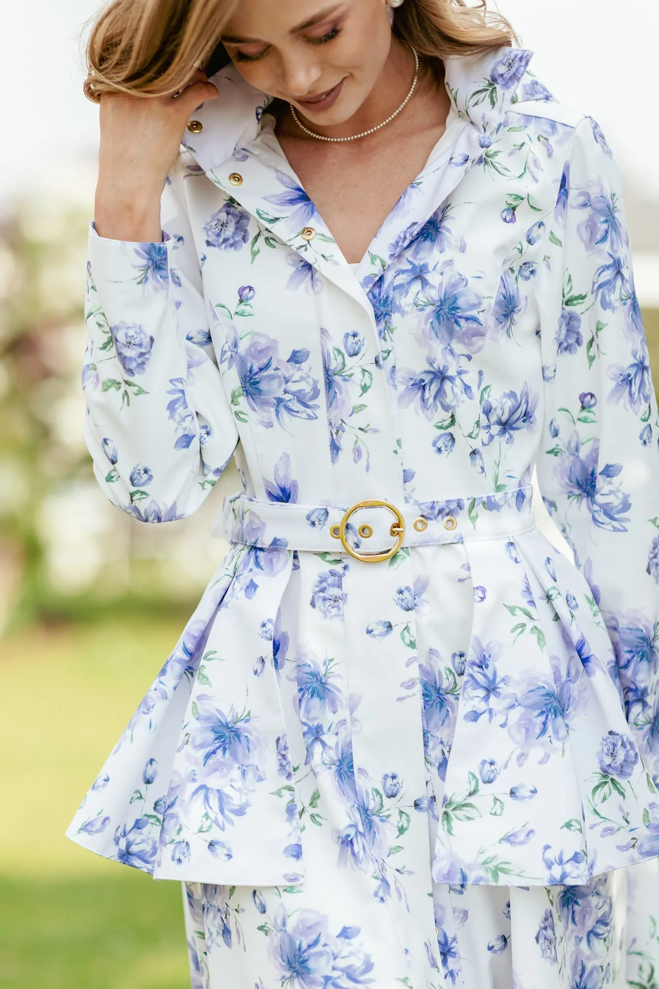 Fit and Flare Coat with A-Line Skirt in White with Blue Flower Print | 'Floral White'