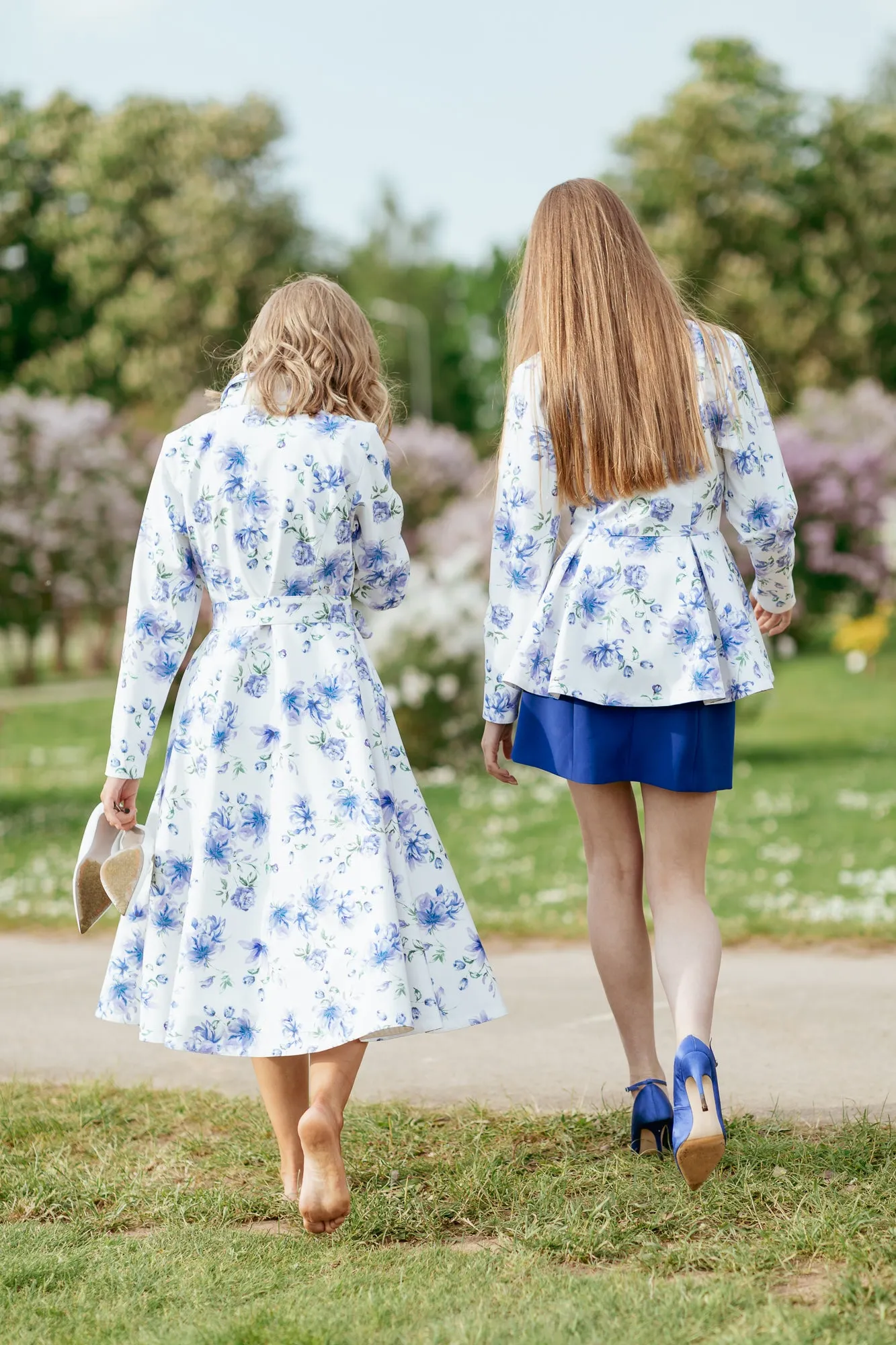 Fit and Flare Coat with A-Line Skirt in White with Blue Flower Print | 'Floral White'