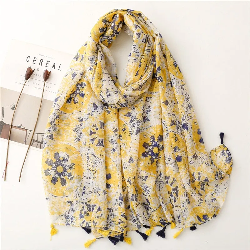 Floral Tassel Viscose Shawl Scarf