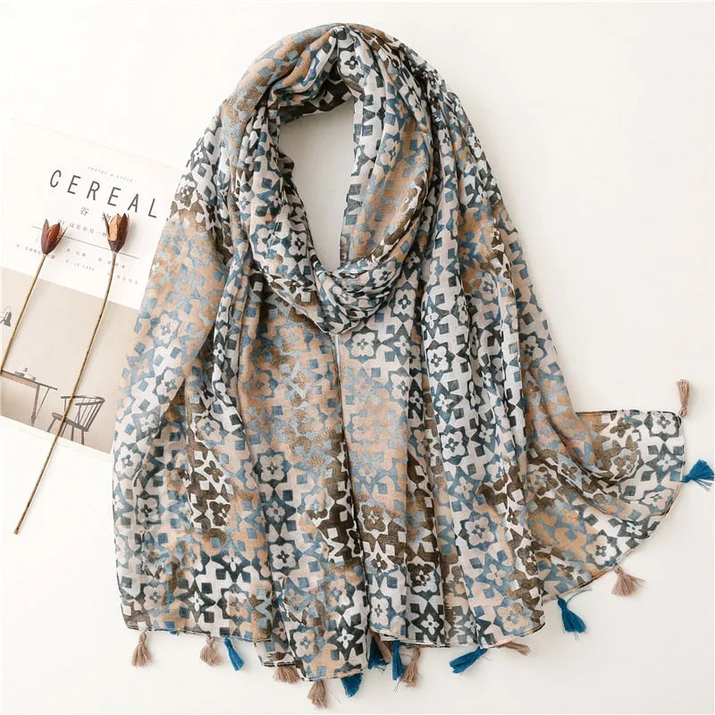 Floral Tassel Viscose Shawl Scarf