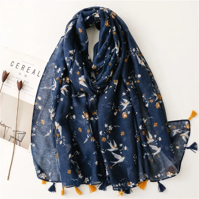 Floral Tassel Viscose Shawl Scarf