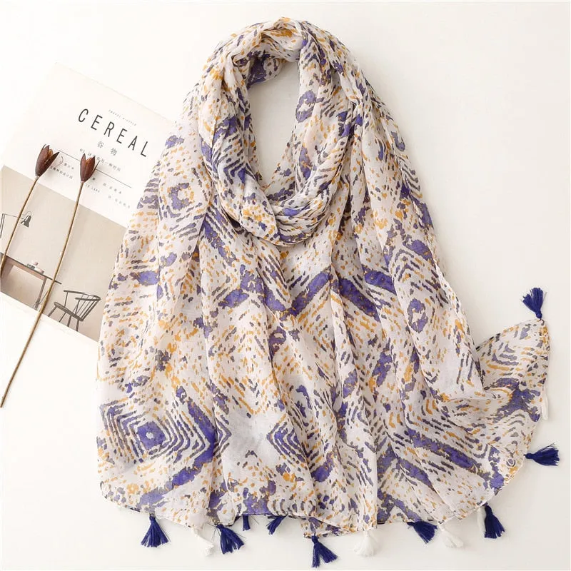 Floral Tassel Viscose Shawl Scarf