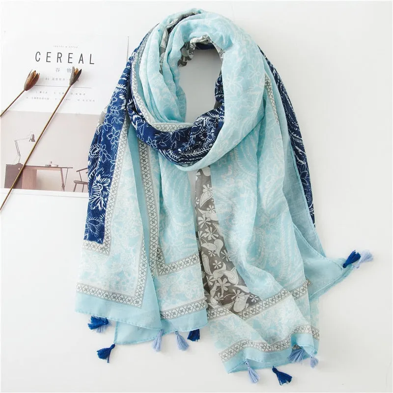 Floral Tassel Viscose Shawl Scarf