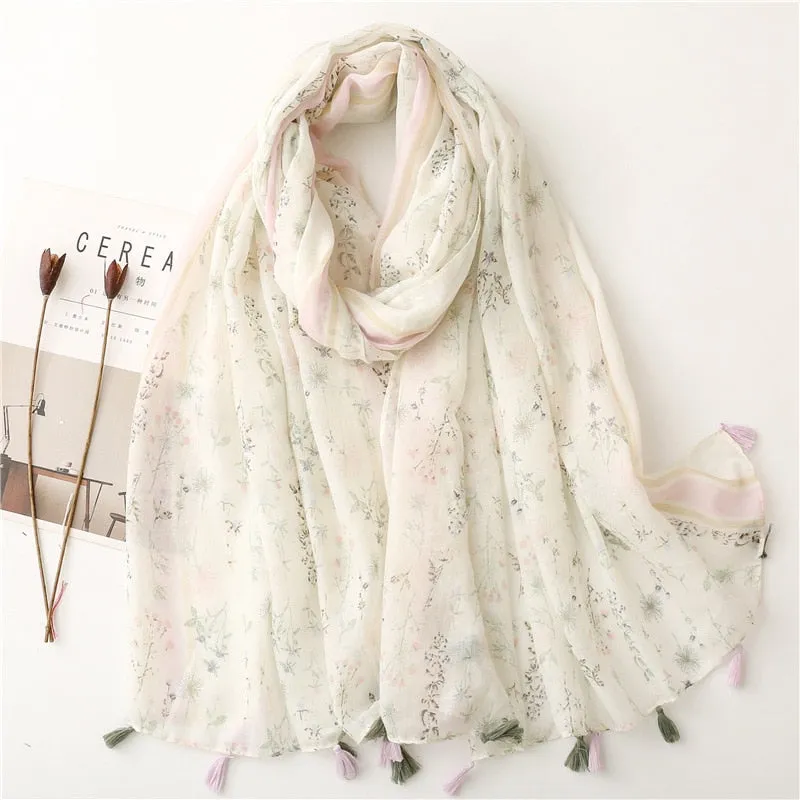 Floral Tassel Viscose Shawl Scarf