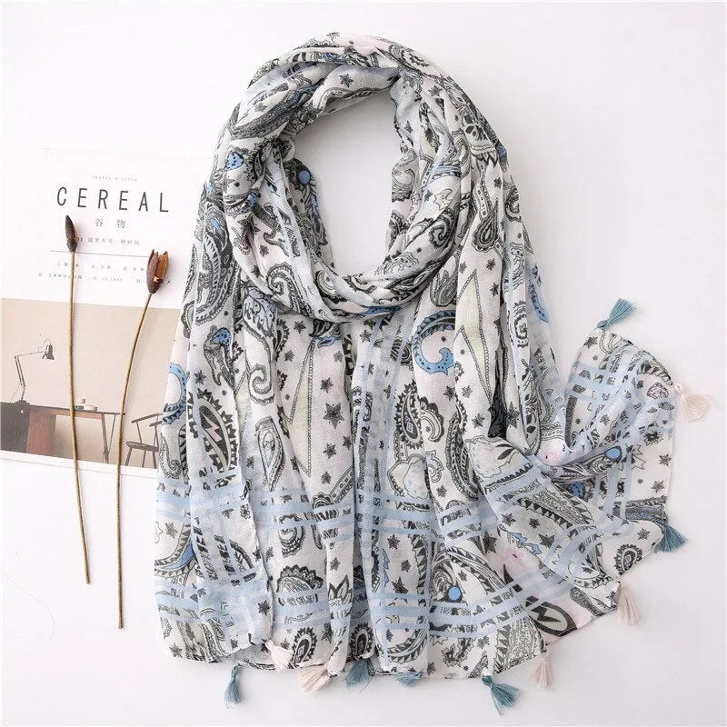 Floral Tassel Viscose Shawl Scarf