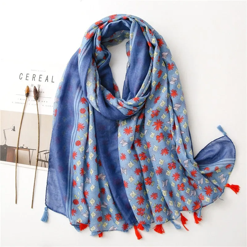 Floral Tassel Viscose Shawl Scarf