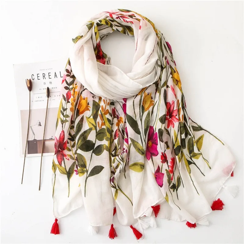 Floral Tassel Viscose Shawl Scarf