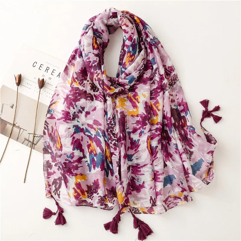 Floral Tassel Viscose Shawl Scarf