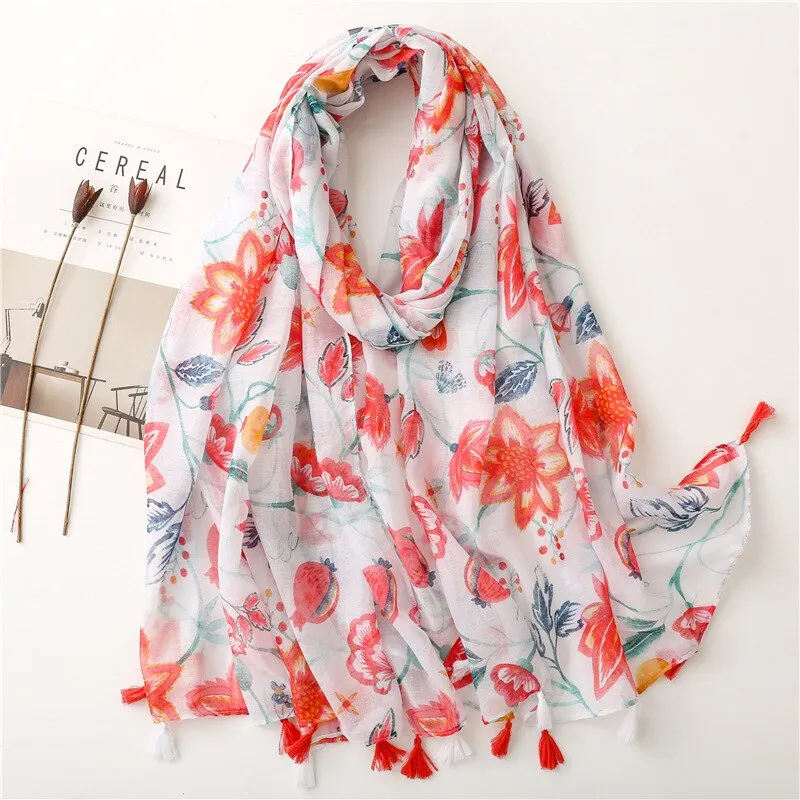 Floral Tassel Viscose Shawl Scarf