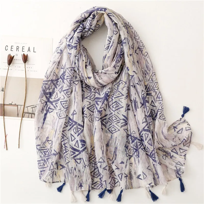 Floral Tassel Viscose Shawl Scarf