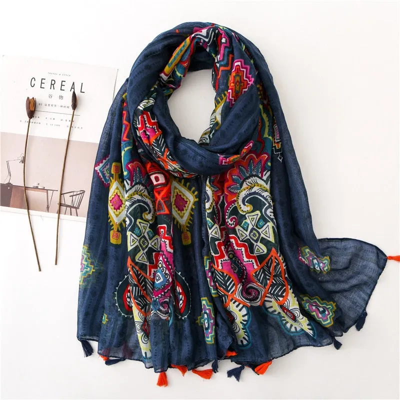 Floral Tassel Viscose Shawl Scarf