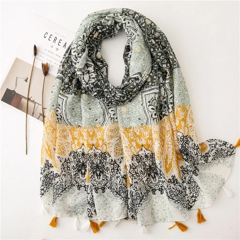 Floral Tassel Viscose Shawl Scarf