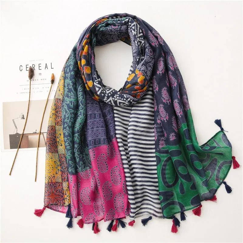 Floral Tassel Viscose Shawl Scarf