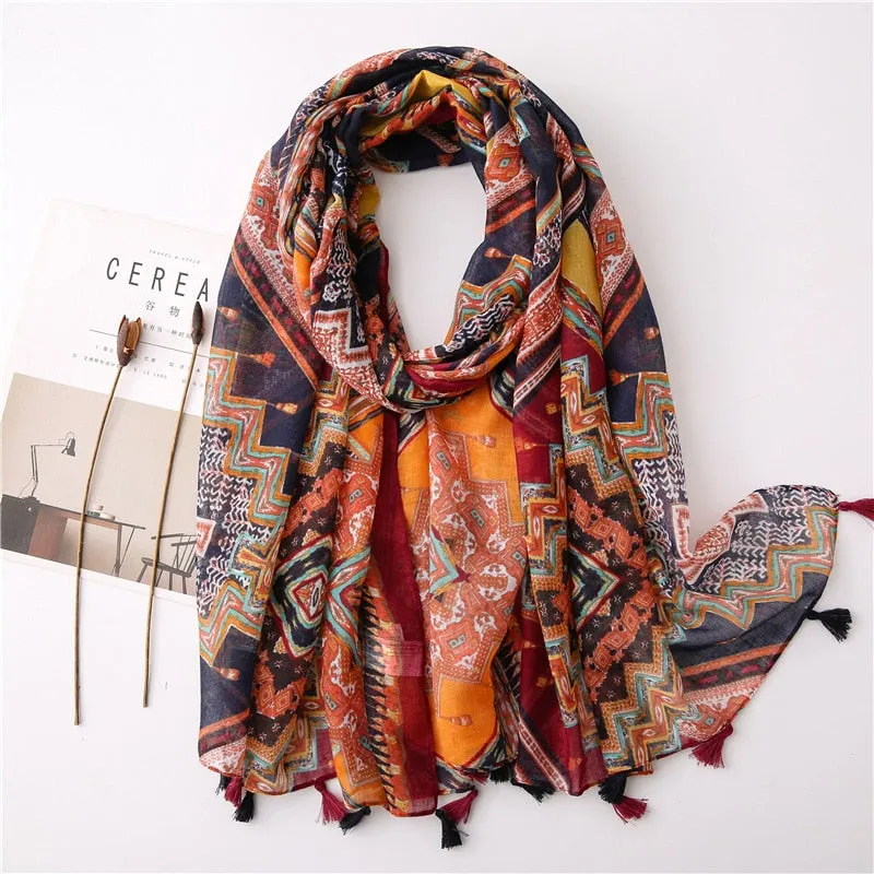 Floral Tassel Viscose Shawl Scarf