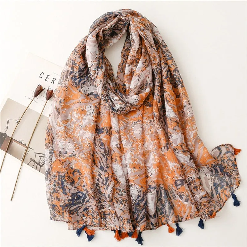 Floral Tassel Viscose Shawl Scarf