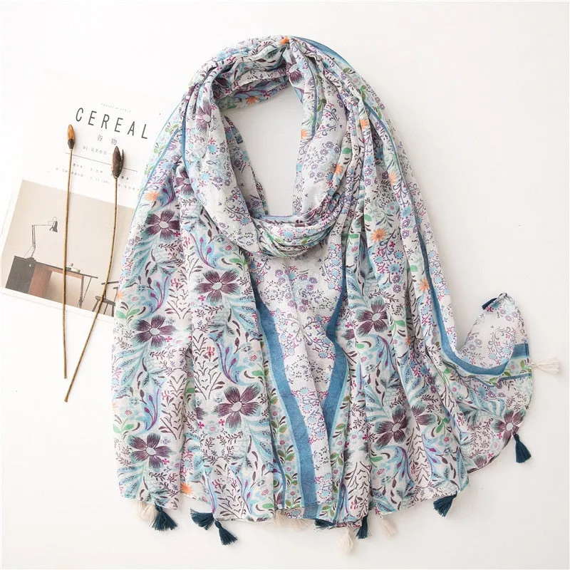 Floral Tassel Viscose Shawl Scarf