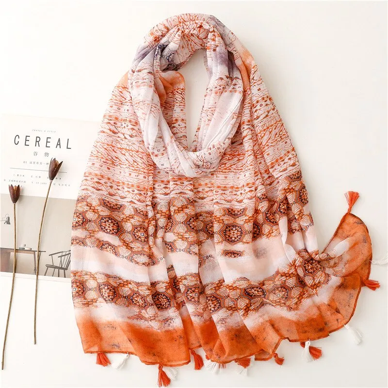 Floral Tassel Viscose Shawl Scarf