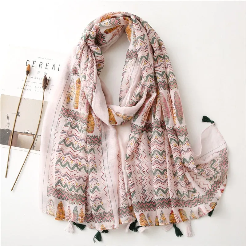 Floral Tassel Viscose Shawl Scarf