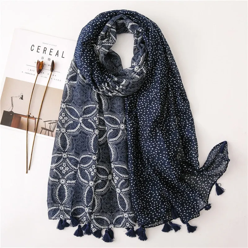 Floral Tassel Viscose Shawl Scarf