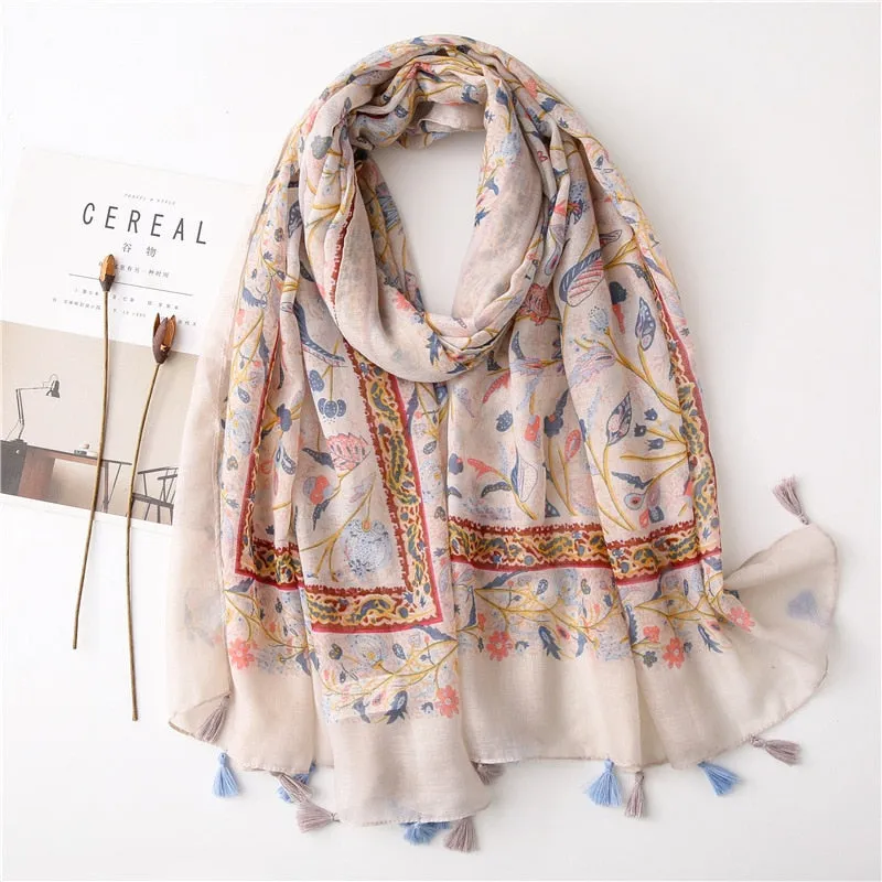 Floral Tassel Viscose Shawl Scarf