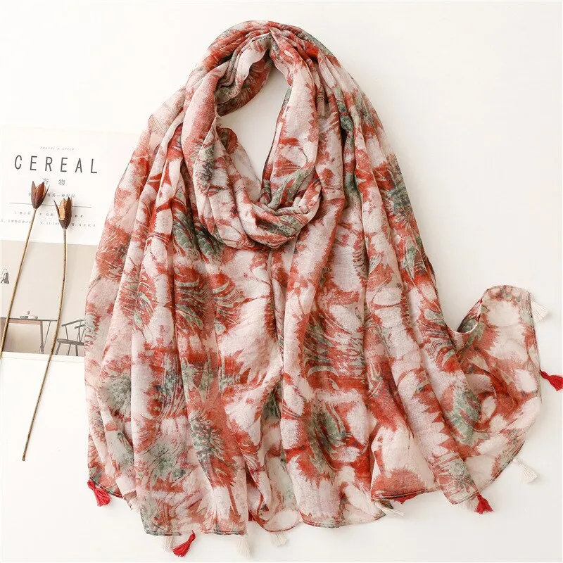 Floral Tassel Viscose Shawl Scarf