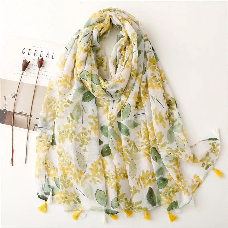 Floral Tassel Viscose Shawl Scarf