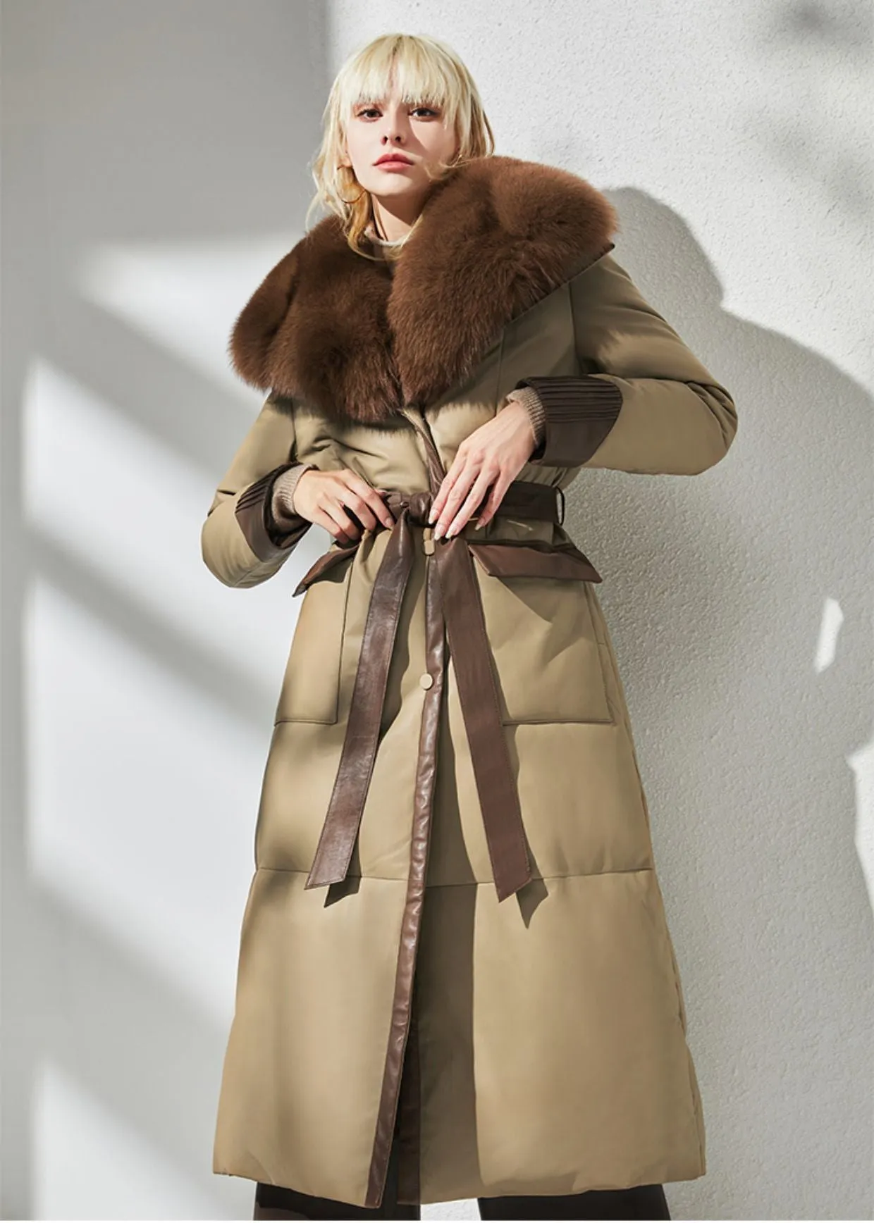 Fox Fur Collar Genuine Leather Down Fill Coat