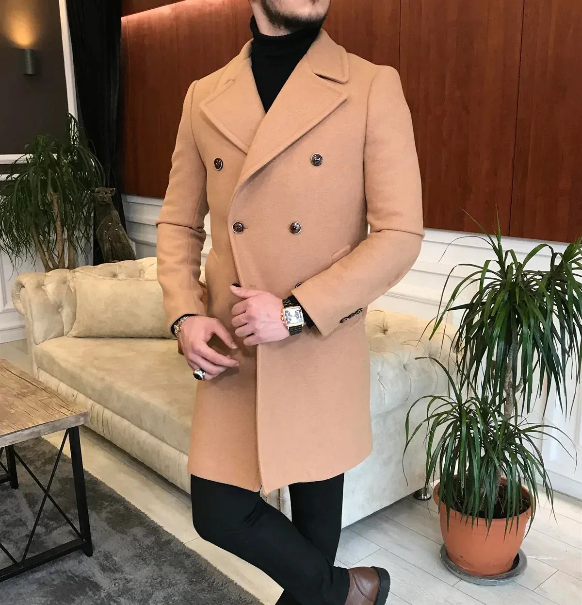 Frost Slim Fit Camel Double Breasted Wool Over Coat by ITALIAN VEGA®