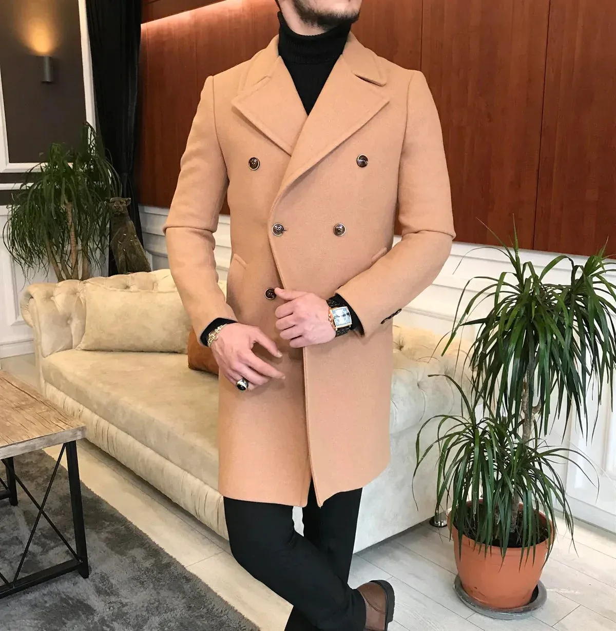 Frost Slim Fit Camel Double Breasted Wool Over Coat by ITALIAN VEGA®