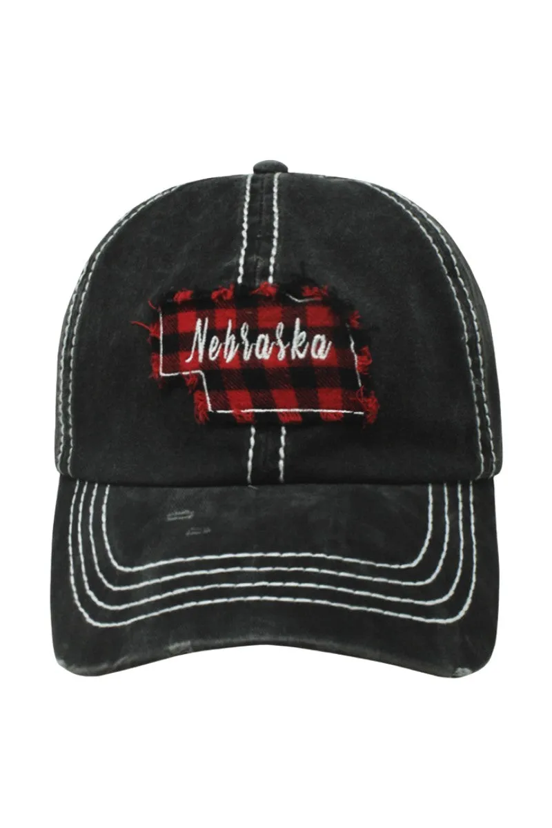 FWCAP2003NE - Buffalo plaid patch Nebraska map thick stitch baseball cap