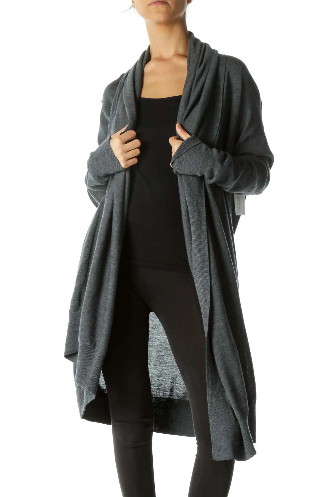 Gray Draped Mid-Length Cardigan