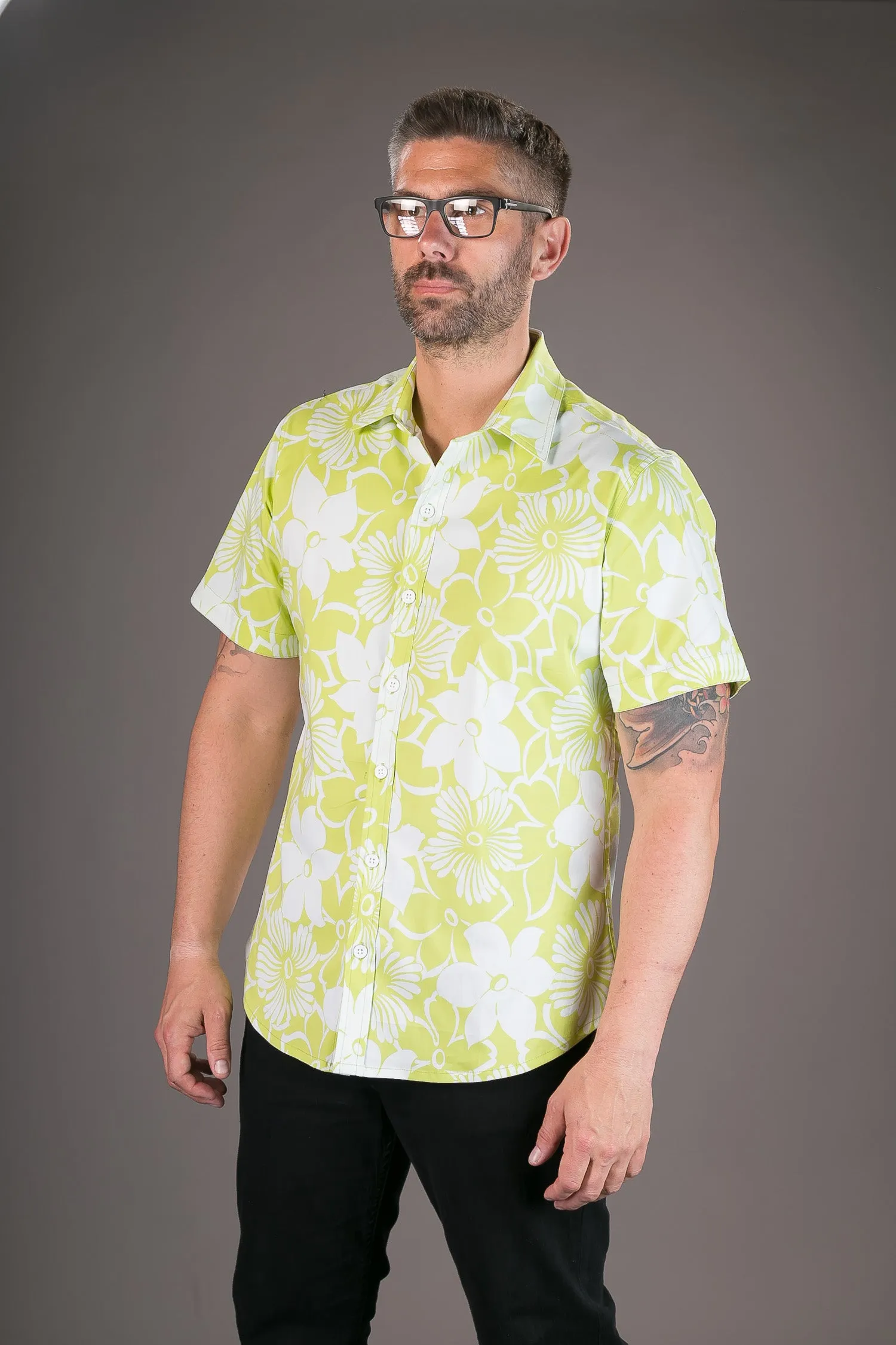 Green Aloha Floral Print Cotton Slim Fit Mens Shirt Short Sleeve