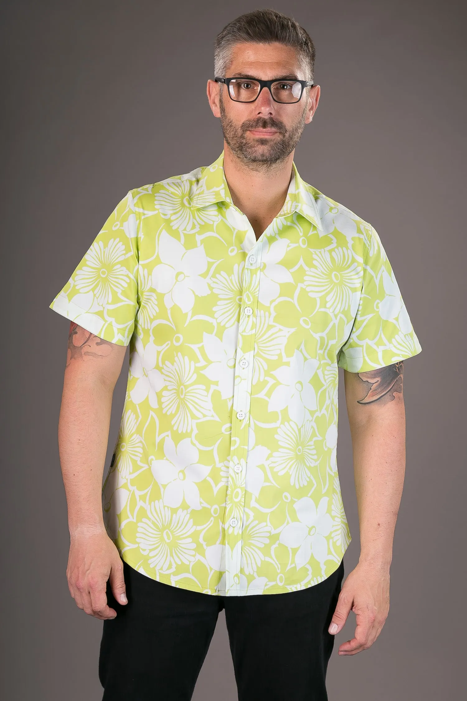 Green Aloha Floral Print Cotton Slim Fit Mens Shirt Short Sleeve