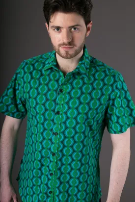 Green Geometric Print Cotton Slim and Regular Fit Mens Shirt Short Sleeve