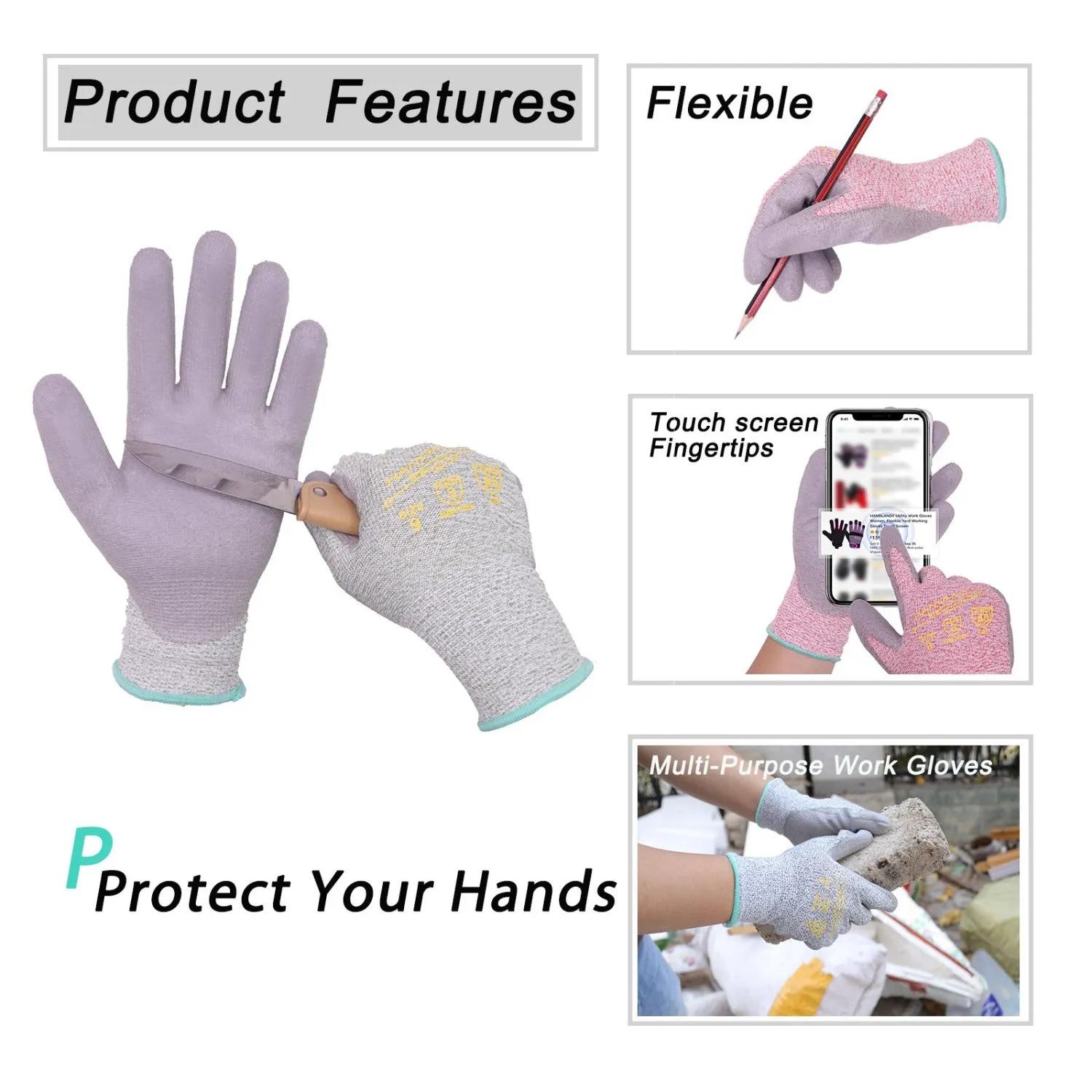 Handlandy Wholesale Men Women Work Gloves PU Coated Cut Resistant 1083 (120 Pairs)