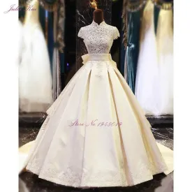 High Collar A-Line Floor Length Appliques With Bow Tiered Stain Dress