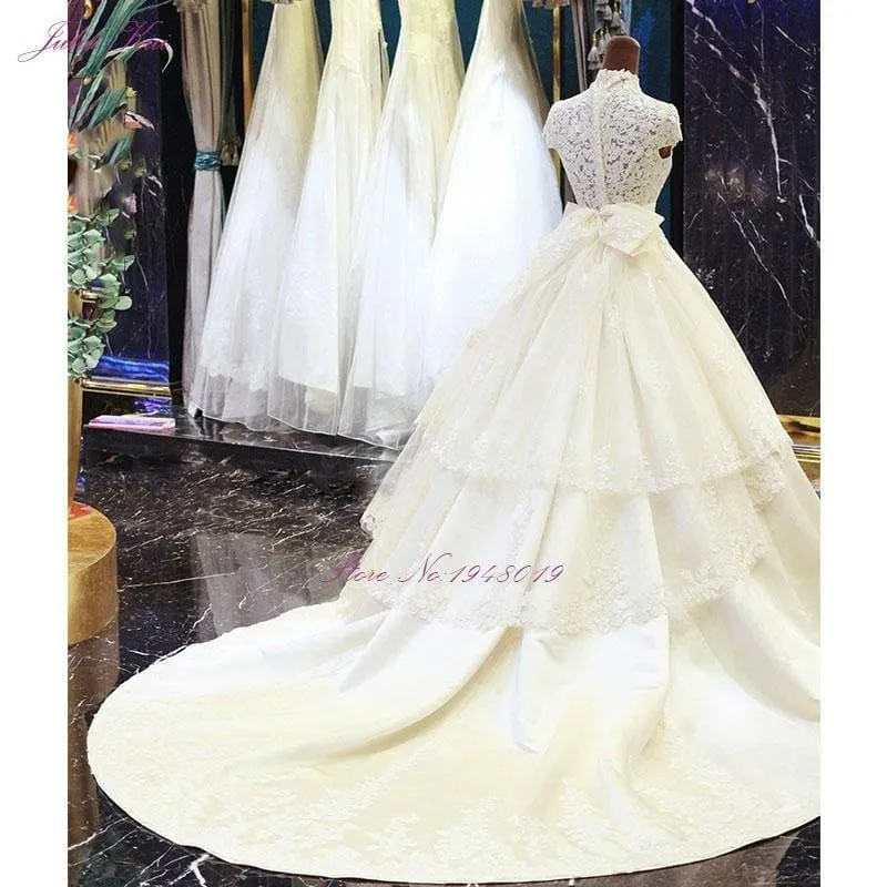 High Collar A-Line Floor Length Appliques With Bow Tiered Stain Dress