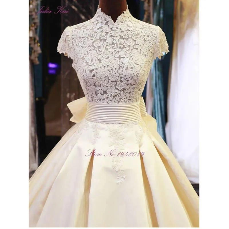 High Collar A-Line Floor Length Appliques With Bow Tiered Stain Dress