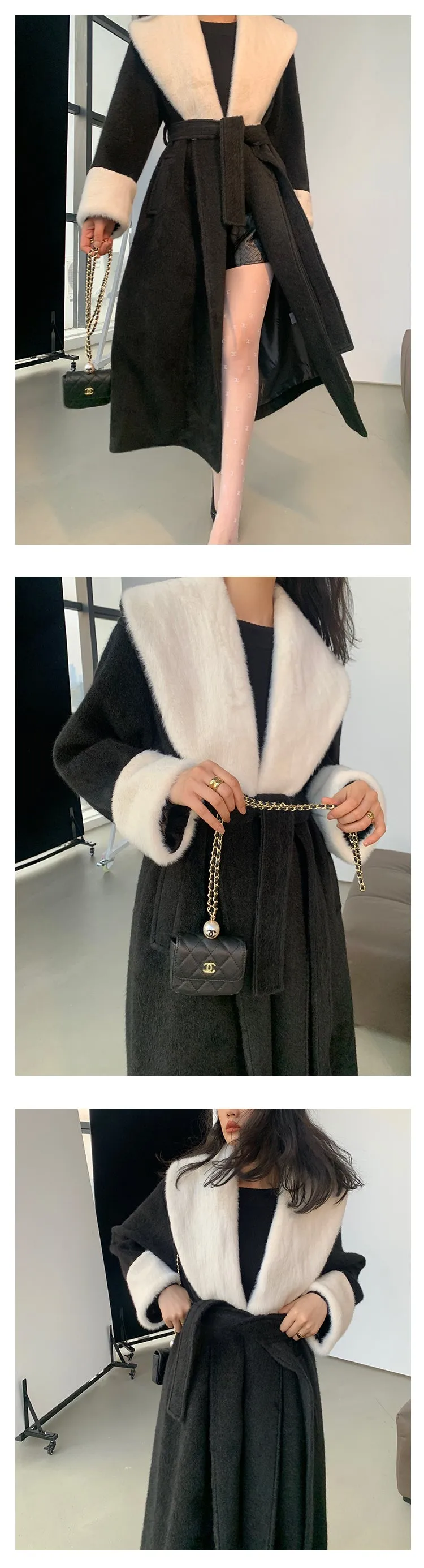 High end Contrast color large lapel bathrobe-style long coat loose winter spring woolen coat - Gulla Black