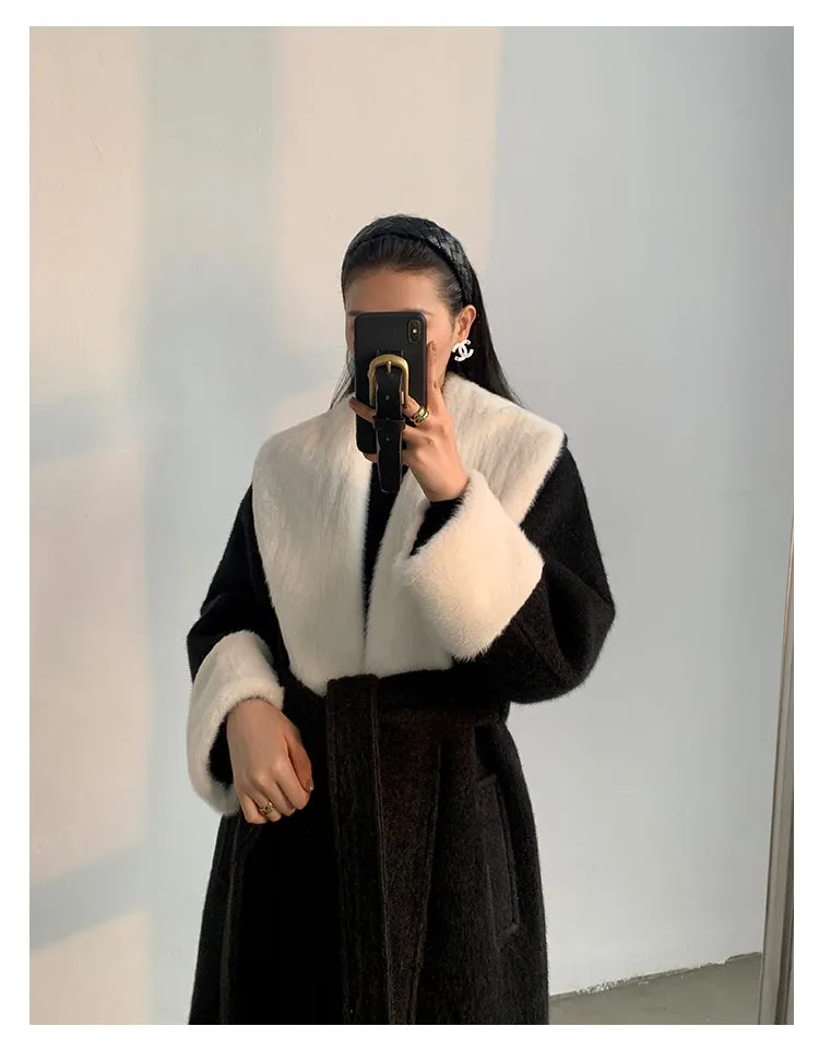 High end Contrast color large lapel bathrobe-style long coat loose winter spring woolen coat - Gulla Black