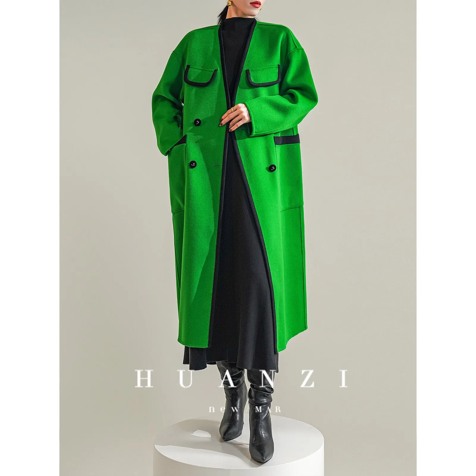 Huanzi high-definition Australian wool design sense mid-length double-sided woolen coat- Calisa